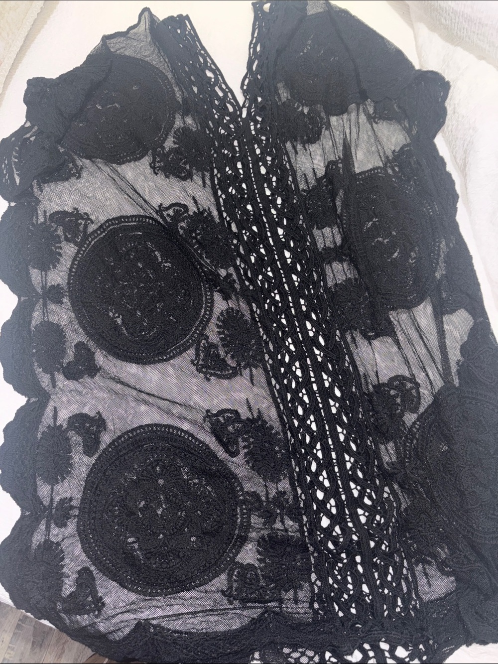 Vince Camuto Black Sheer Lace Swim Coverup with Medallion Embroidery